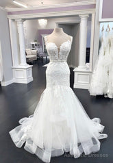 White Lace Long Prom Dresses, Mermaid Evening Dresses